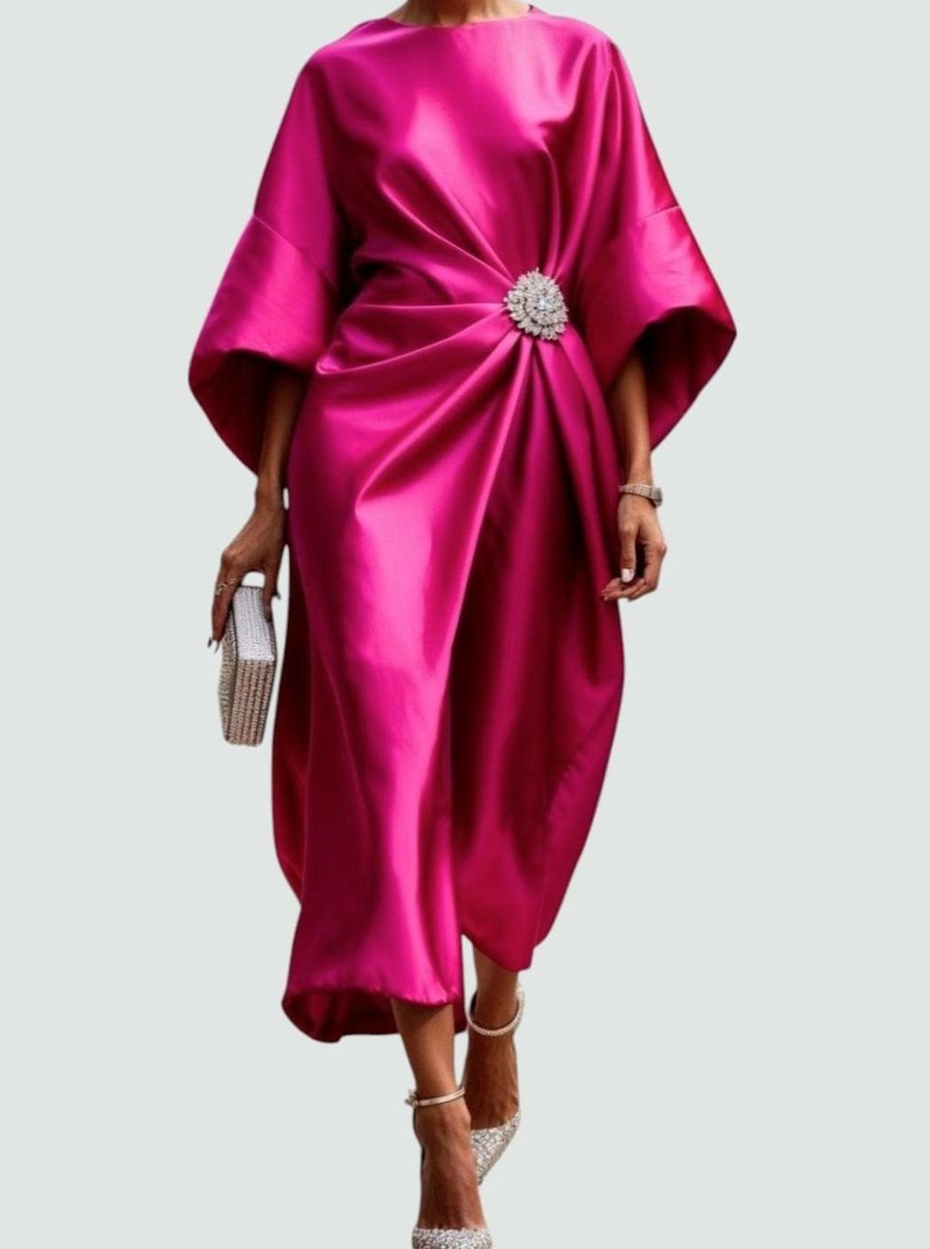 Women's Satin Batwing-Sleeve Brooch-Waist Draped Midi Dress - Pink