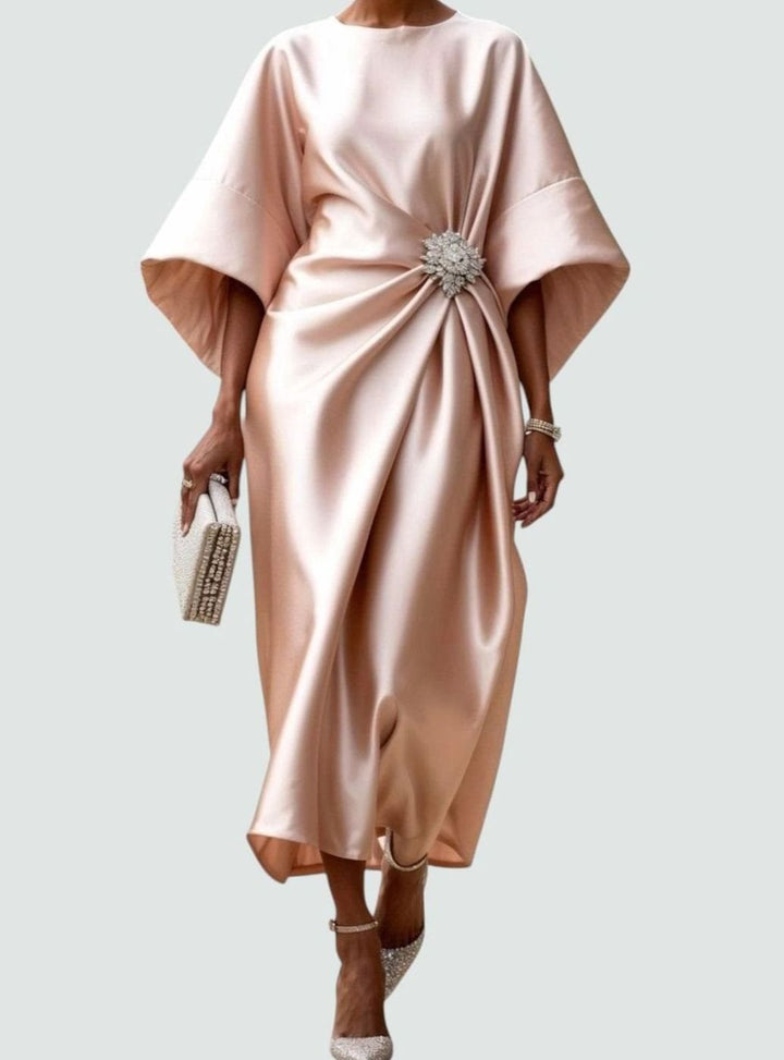 Women's Satin Batwing-Sleeve Brooch-Waist Draped Midi Dress - Beige