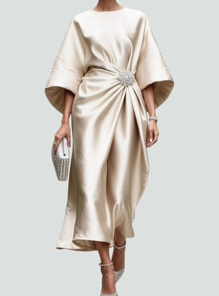 Women's Satin Batwing-Sleeve Brooch-Waist Draped Midi Dress - Khaki