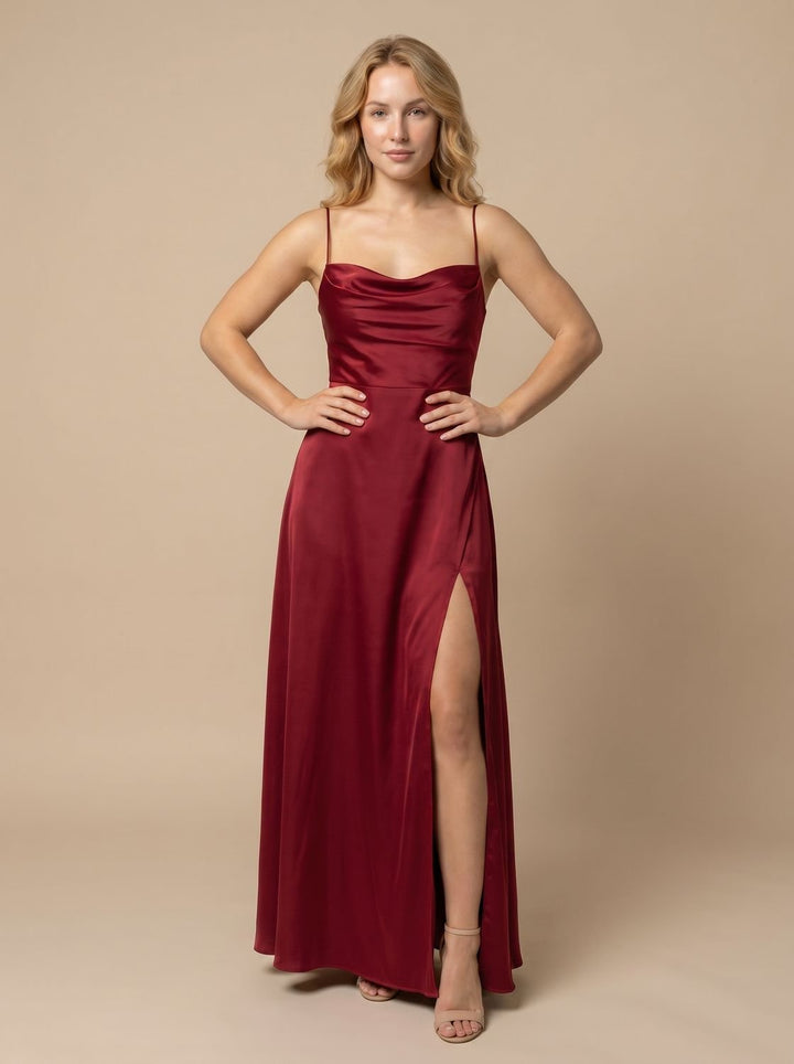 Women's Satin Cowl-Neck Spaghetti Strap Maxi Dress High Slit - Red