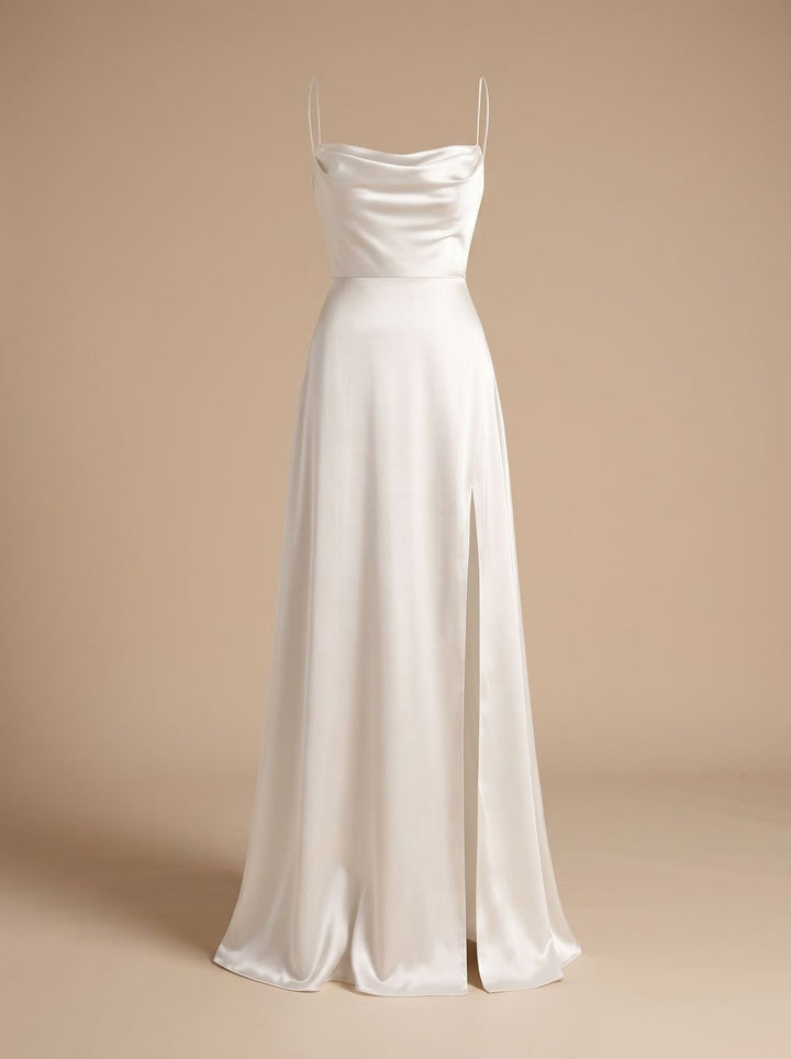 Women's Satin Cowl-Neck Spaghetti Strap Maxi Dress High Slit - White