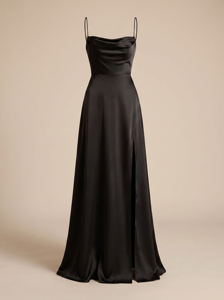 Women's Satin Cowl-Neck Spaghetti Strap Maxi Dress High Slit - Black
