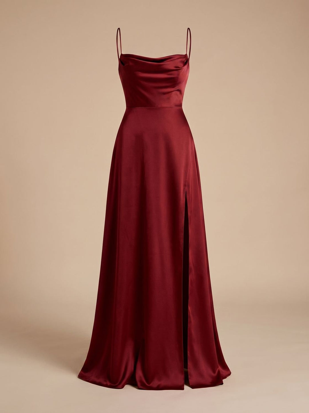 Women's Satin Cowl-Neck Spaghetti Strap Maxi Dress High Slit