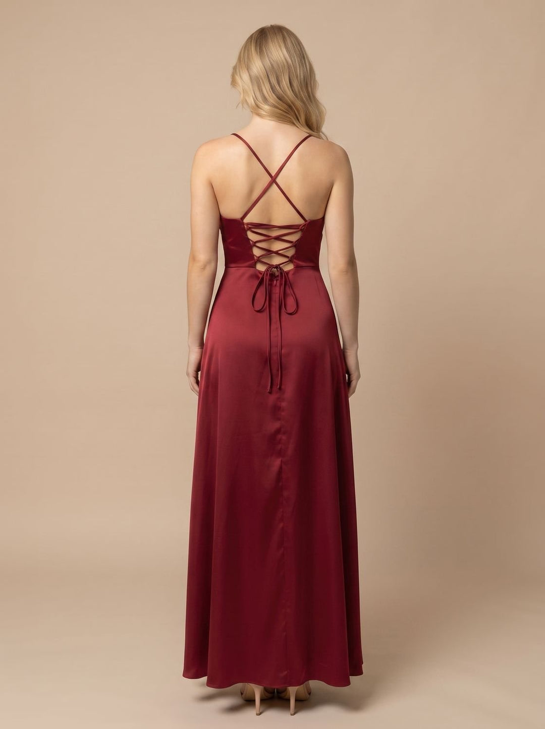 Women's Satin Cowl-Neck Spaghetti Strap Maxi Dress High Slit