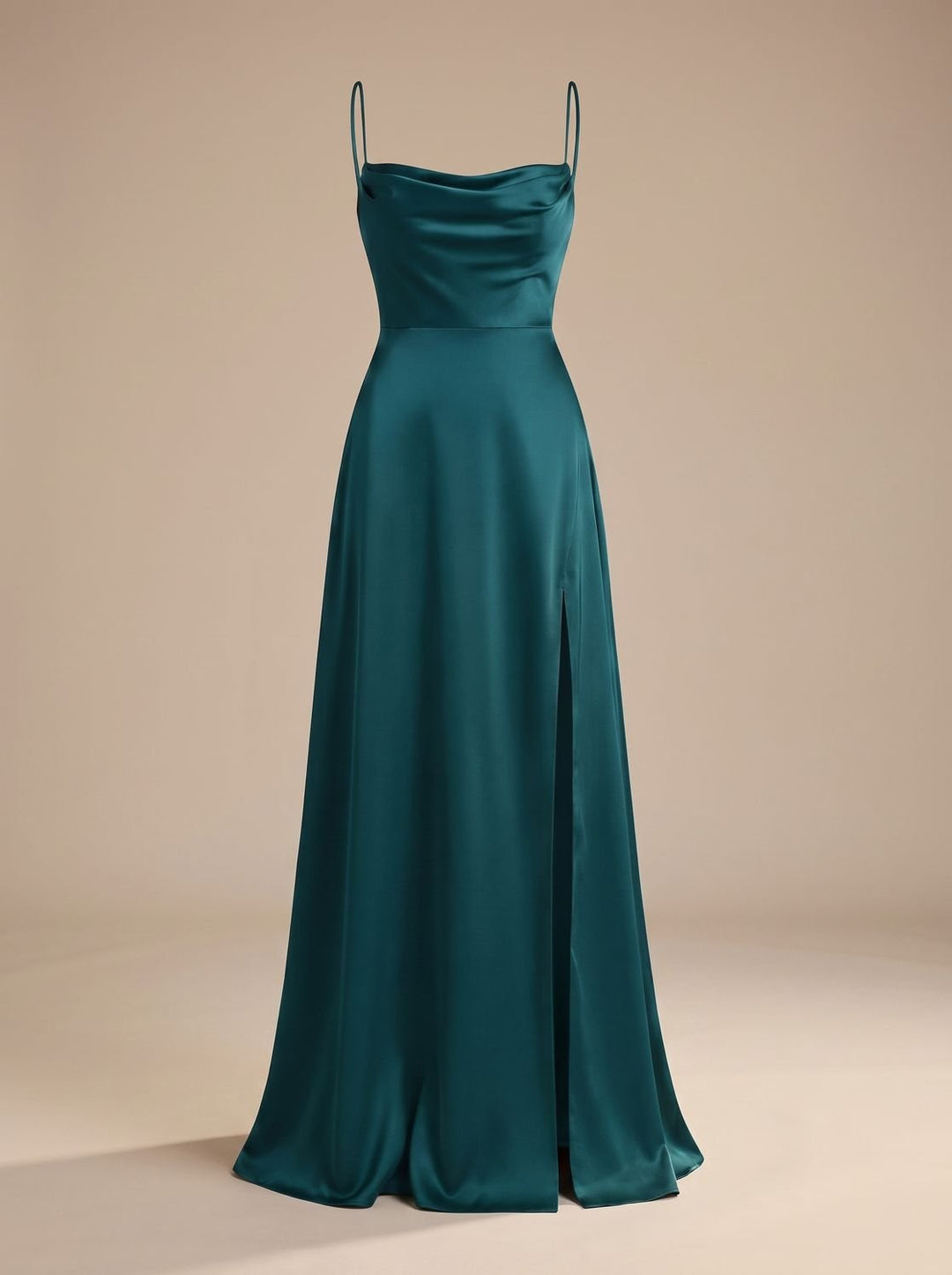 Women's Satin Cowl-Neck Spaghetti Strap Maxi Dress High Slit - Blue