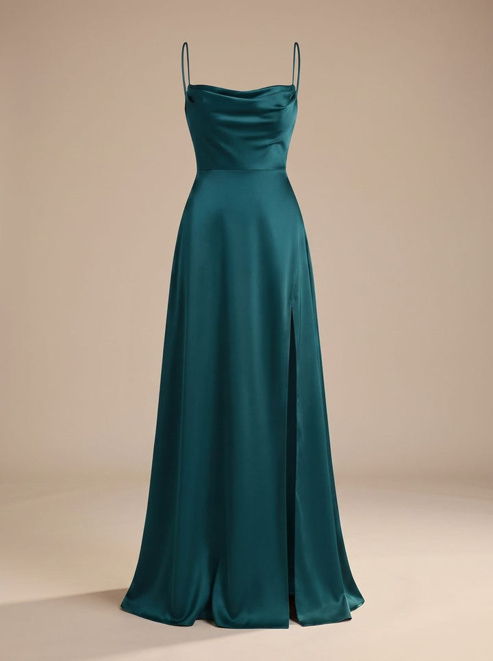 Women's Satin Cowl-Neck Spaghetti Strap Maxi Dress High Slit - Blue
