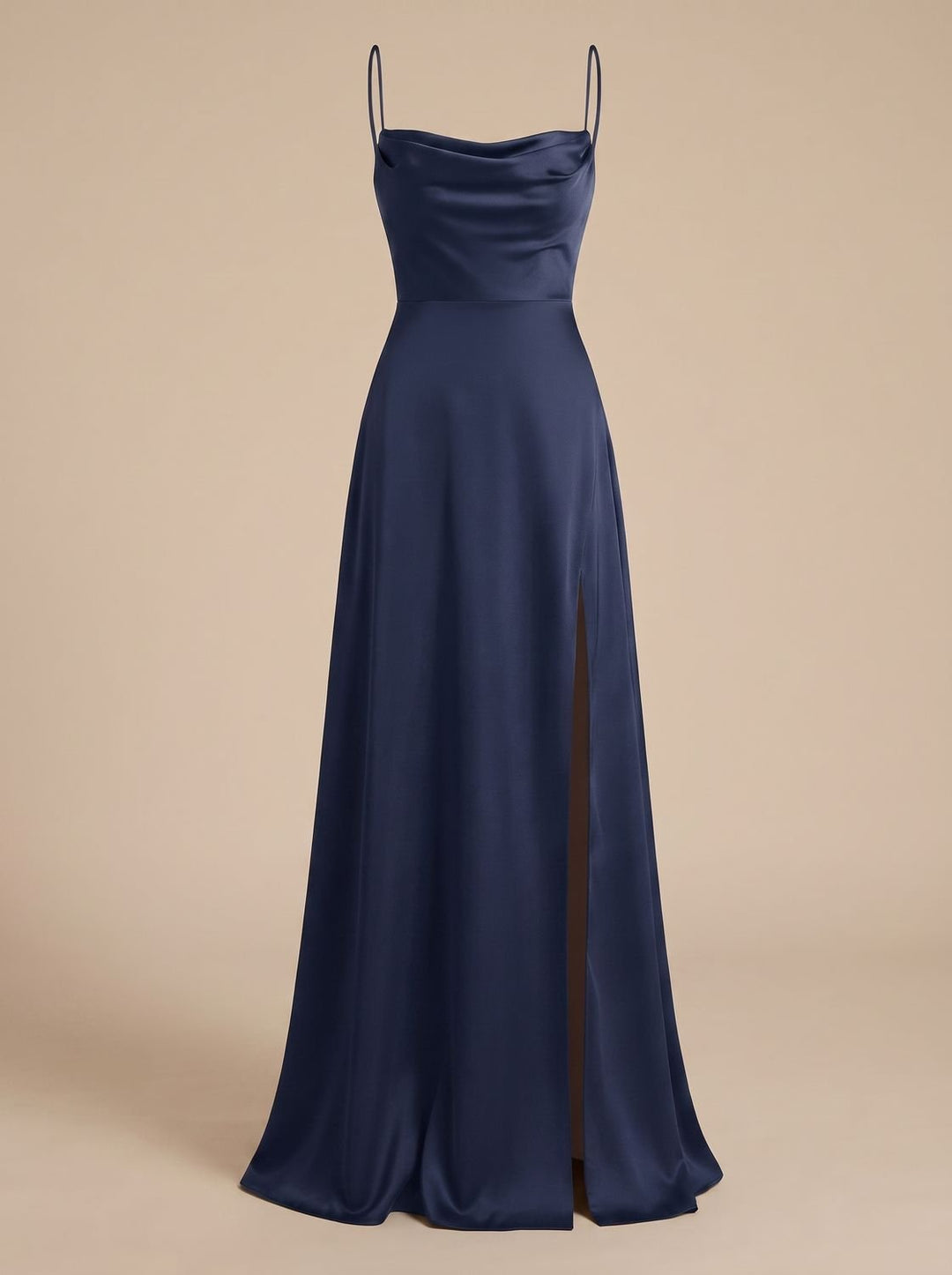 Women's Satin Cowl-Neck Spaghetti Strap Maxi Dress High Slit - Dark Blue