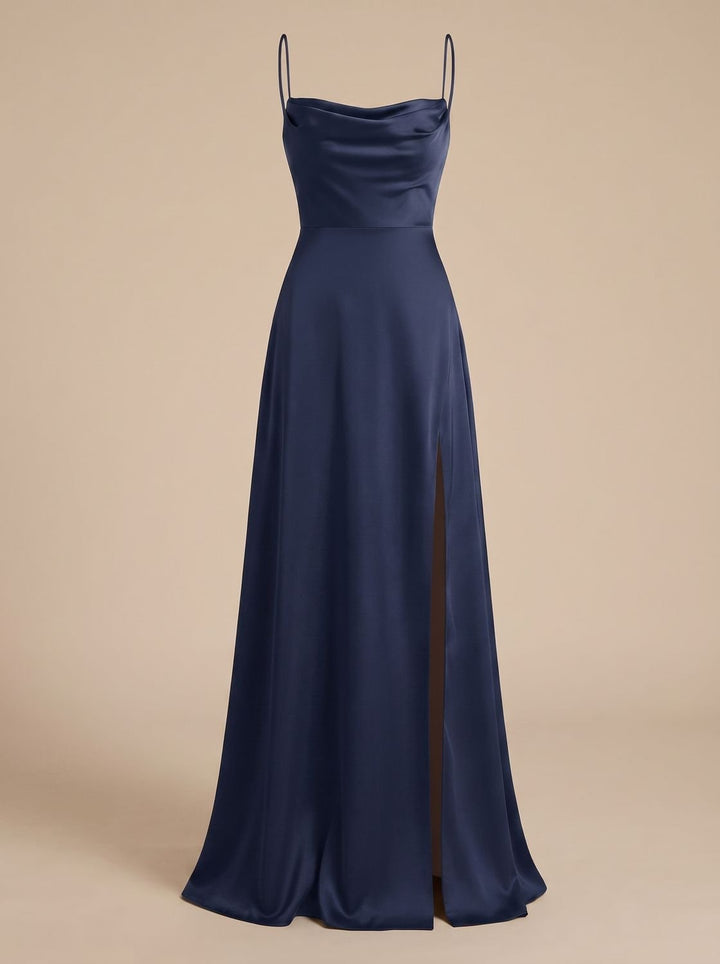 Women's Satin Cowl-Neck Spaghetti Strap Maxi Dress High Slit - Dark Blue