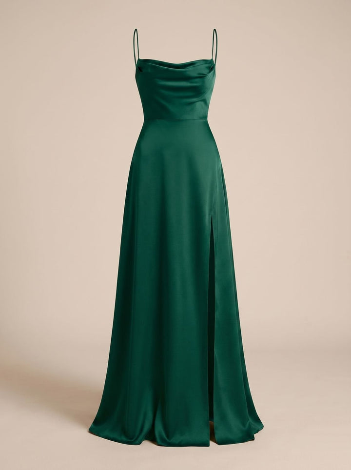 Women's Satin Cowl-Neck Spaghetti Strap Maxi Dress High Slit - Green
