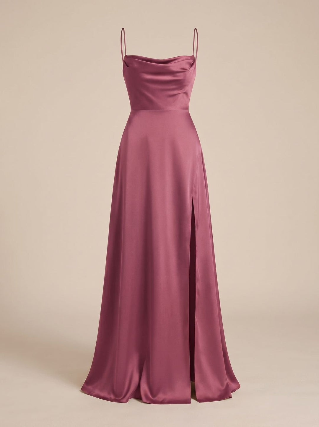 Women's Satin Cowl-Neck Spaghetti Strap Maxi Dress High Slit - Pink