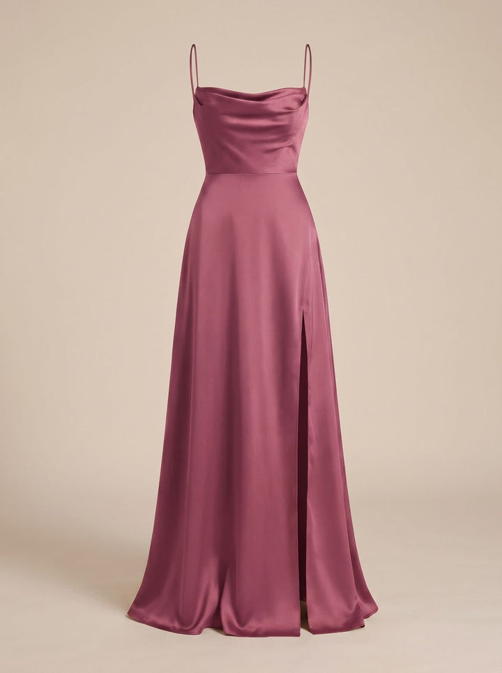 Women's Satin Cowl-Neck Spaghetti Strap Maxi Dress High Slit - Pink
