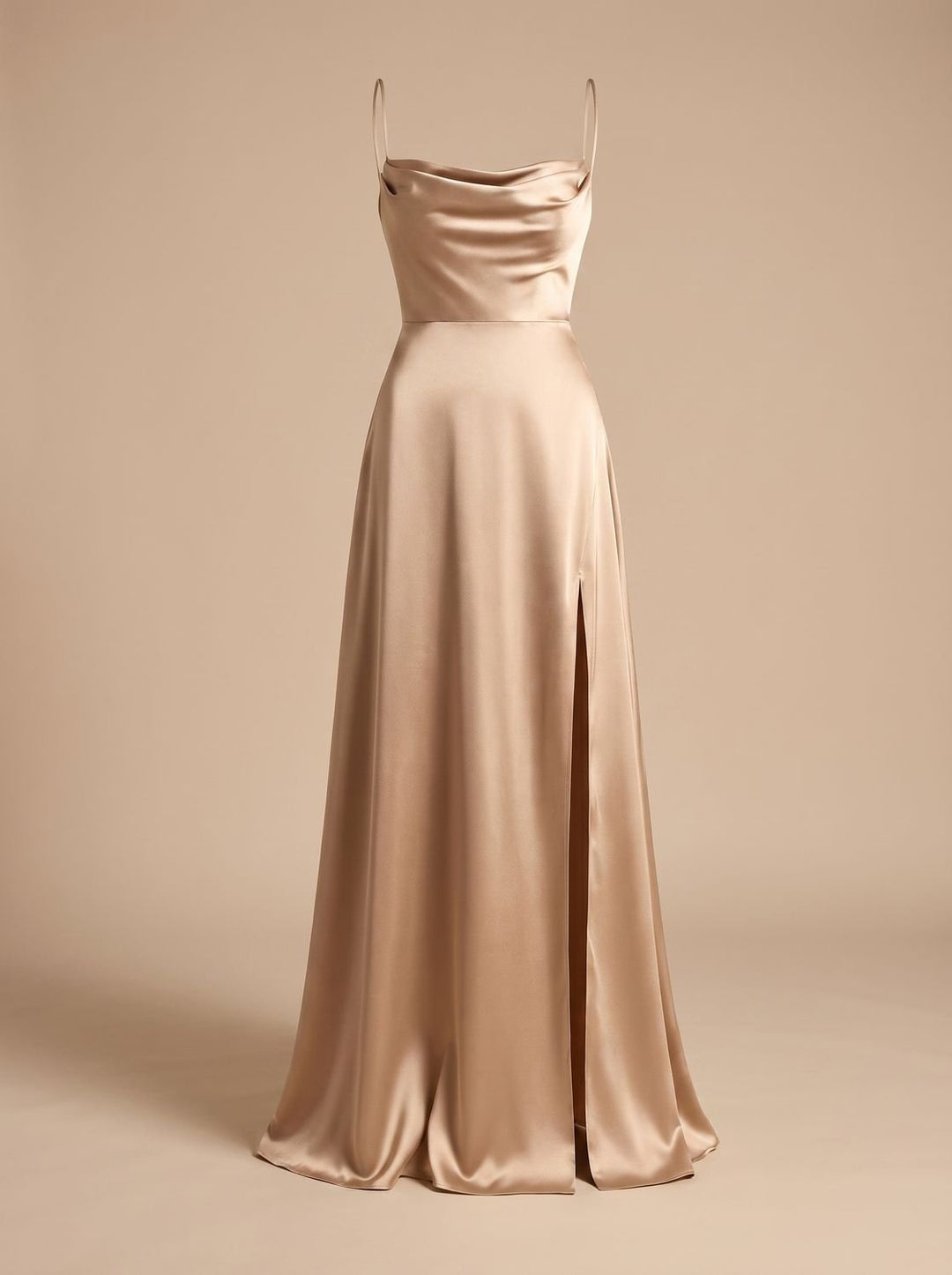 Women's Satin Cowl-Neck Spaghetti Strap Maxi Dress High Slit - Brown
