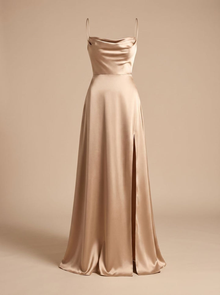 Women's Satin Cowl-Neck Spaghetti Strap Maxi Dress High Slit - Brown