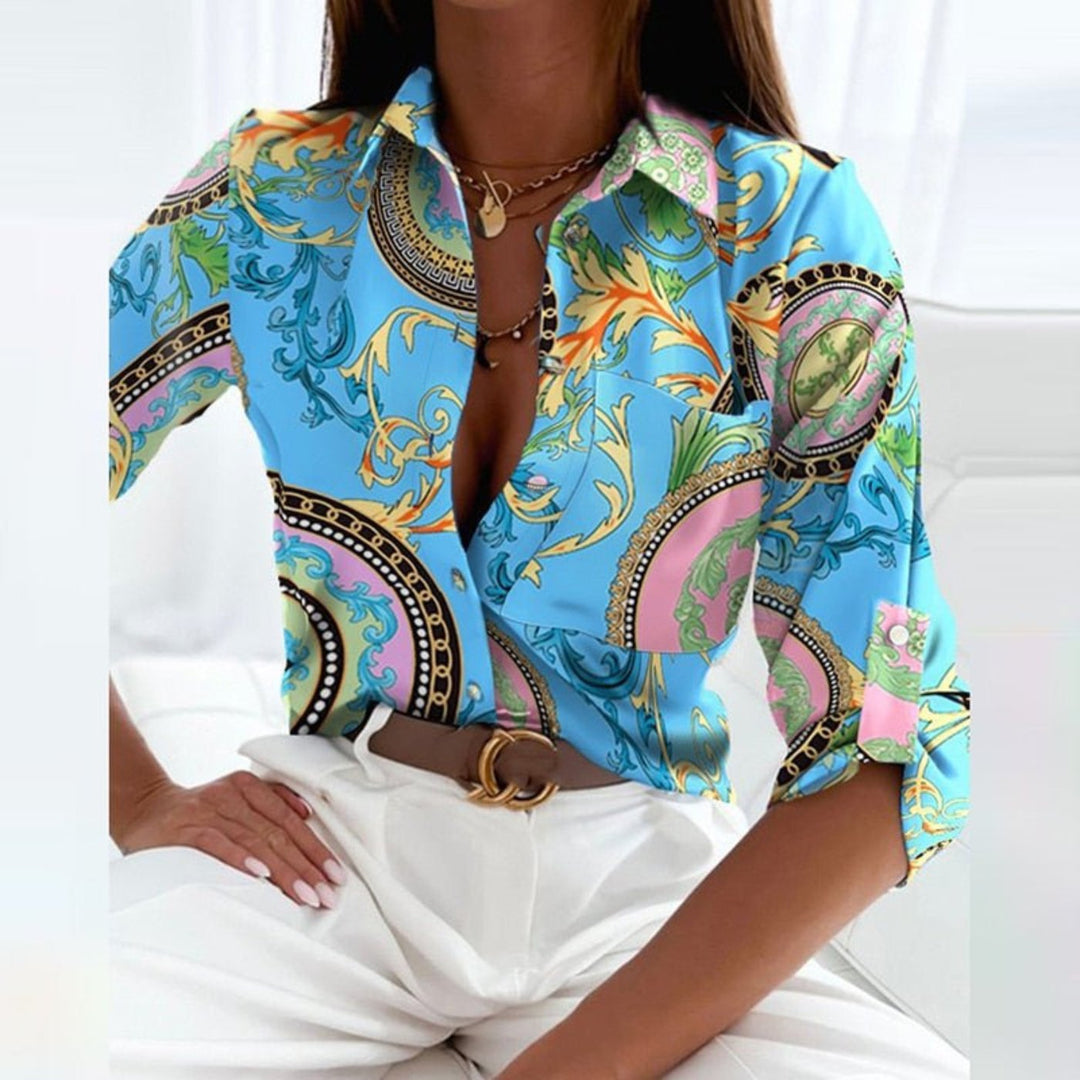 Women's Satin Geometric Print Button-Down Blouse - Light Blue