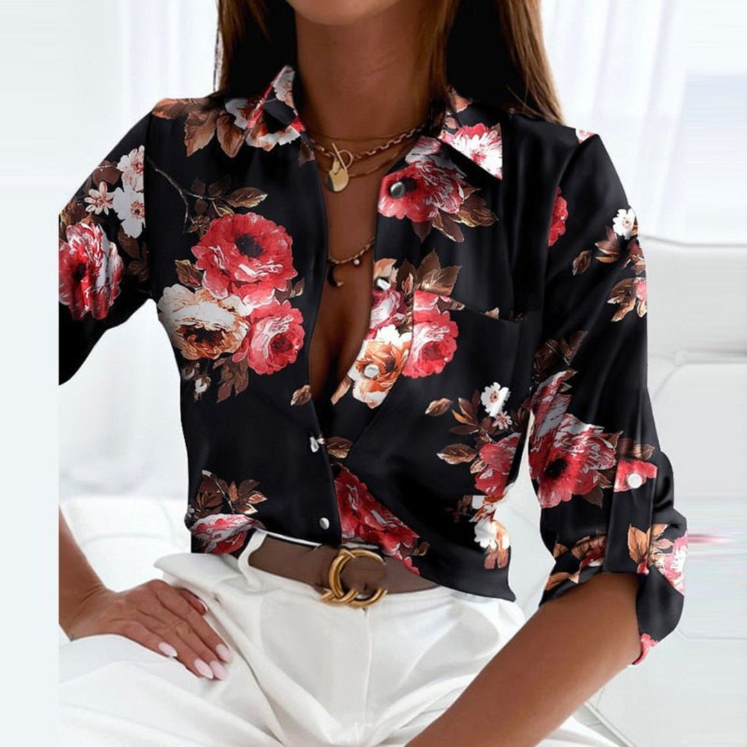 Women's Satin Geometric Print Button-Down Blouse - Black