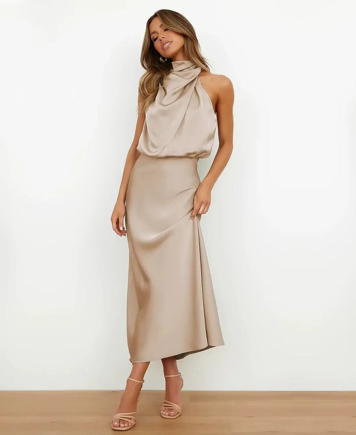 Women's Satin Halter-Neck Midi Dress - Abrikoos