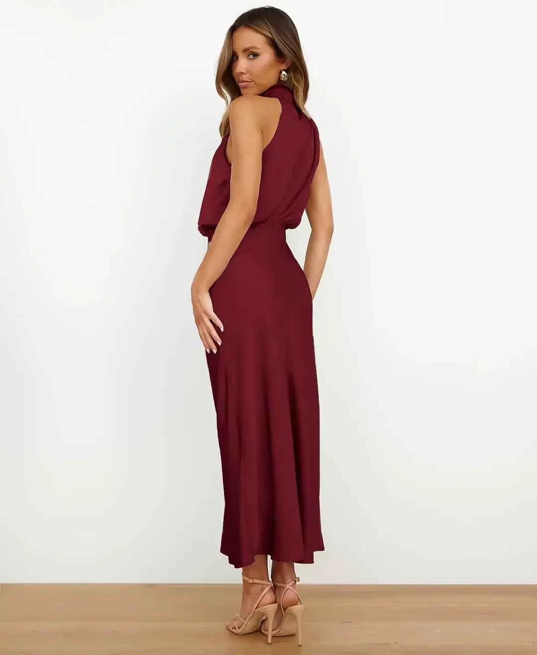 Women's Satin Halter-Neck Midi Dress - Wijn Rood