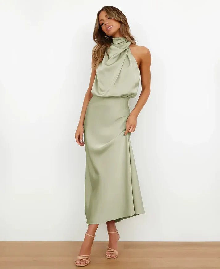 Women's Satin Halter-Neck Midi Dress - Lichtgroen