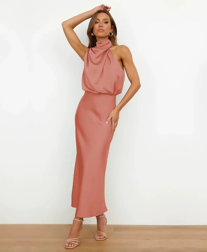 Women's Satin Halter-Neck Midi Dress - Perzik