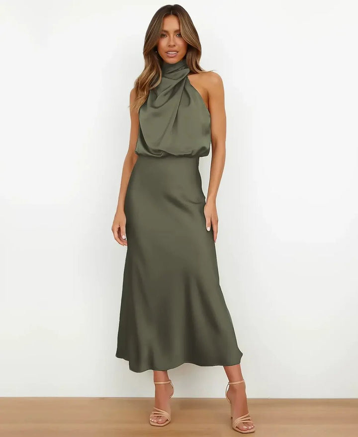 Women's Satin Halter-Neck Midi Dress - Olijfgroen