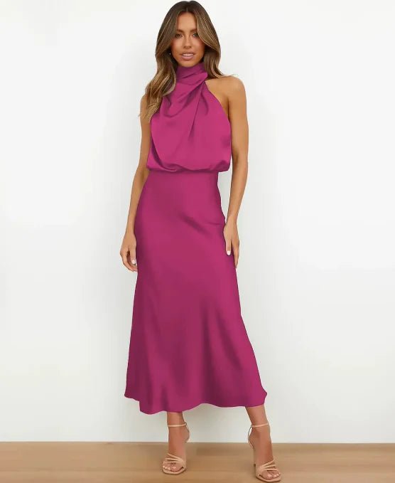 Women's Satin Halter-Neck Midi Dress - Roze