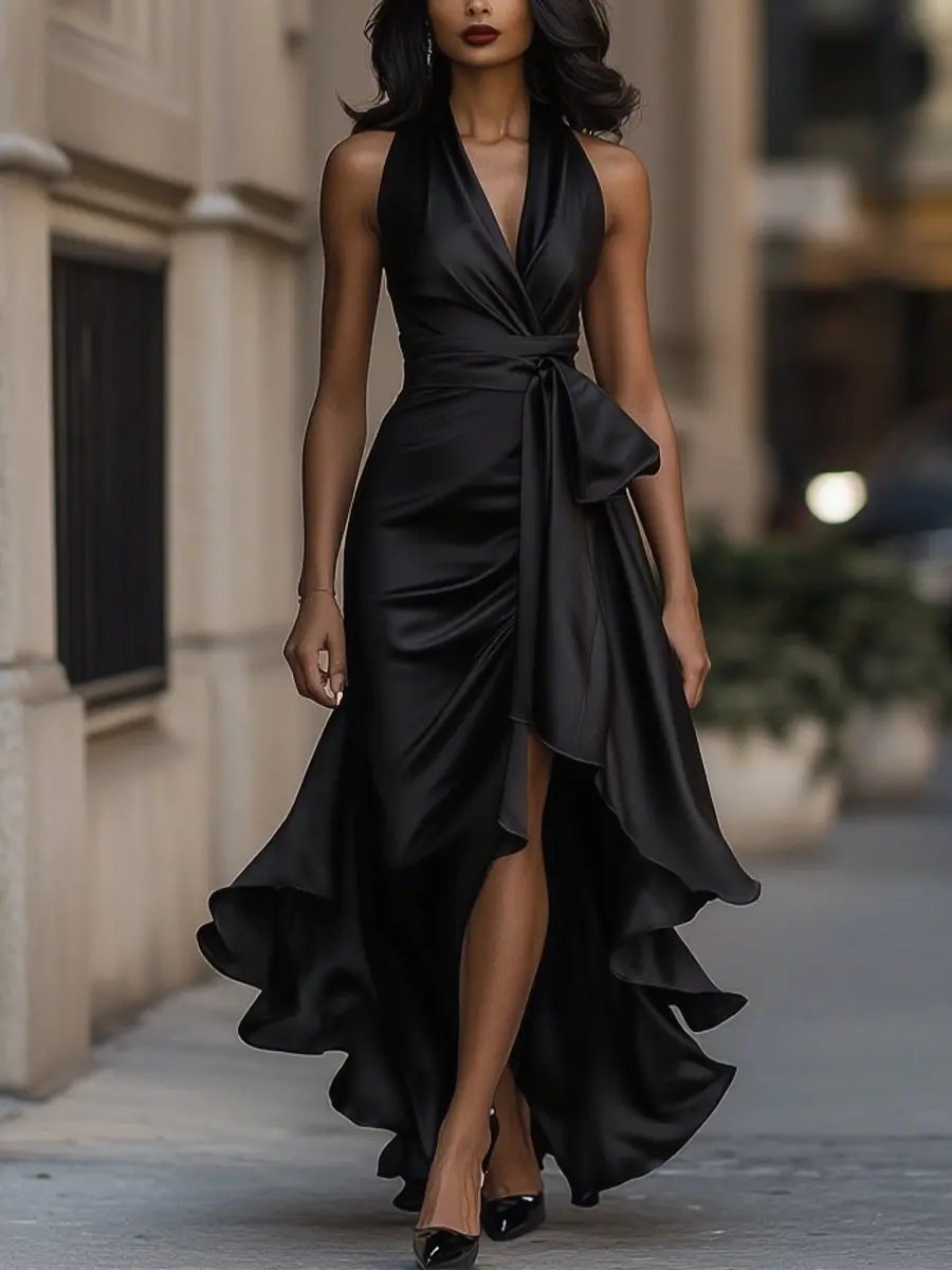 Women's Satin Halter Wrap Cocktail Party Dress High-Low Ruffle Maxi - Black