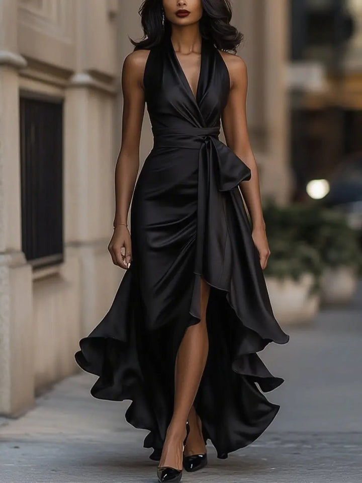 Women's Satin Halter Wrap Cocktail Party Dress High-Low Ruffle Maxi - Black