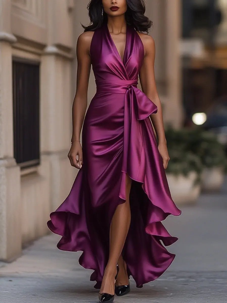 Women's Satin Halter Wrap Cocktail Party Dress High-Low Ruffle Maxi - Fuchsia
