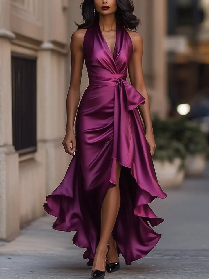 Women's Satin Halter Wrap Cocktail Party Dress High-Low Ruffle Maxi - Fuchsia