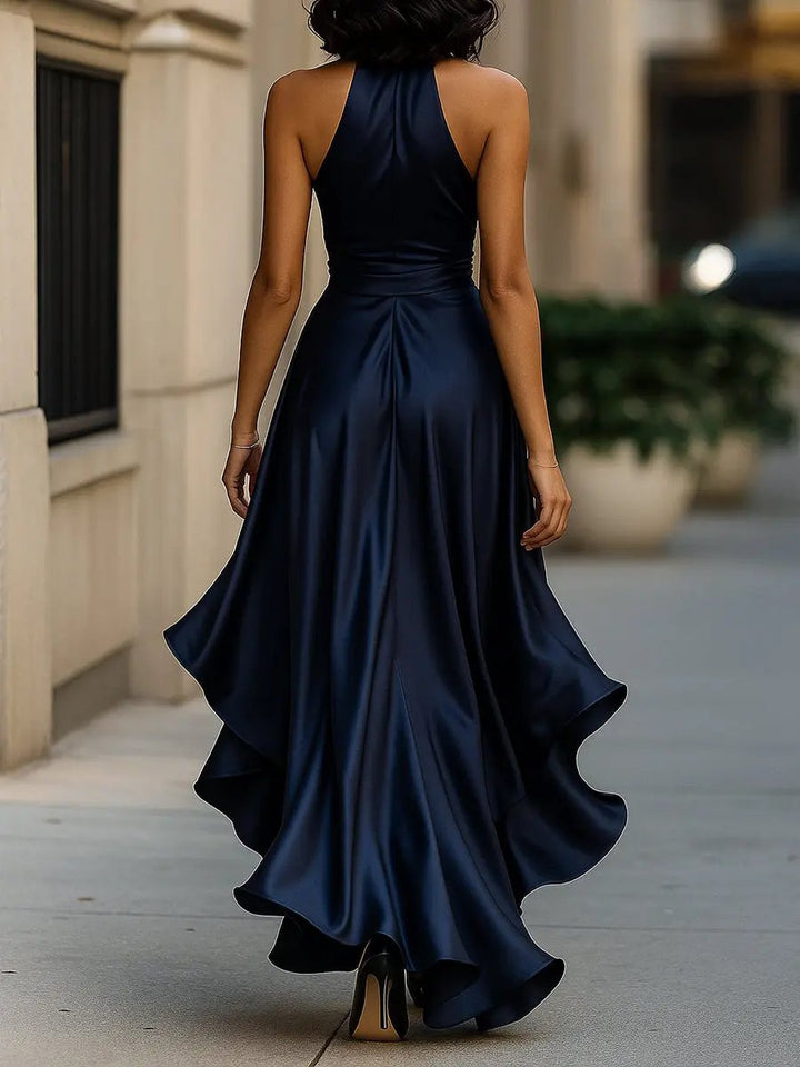 Women's Satin Halter Wrap Cocktail Party Dress High-Low Ruffle Maxi