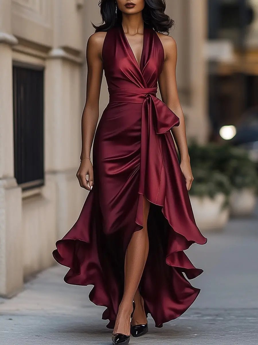 Women's Satin Halter Wrap Cocktail Party Dress High-Low Ruffle Maxi - Burgundy