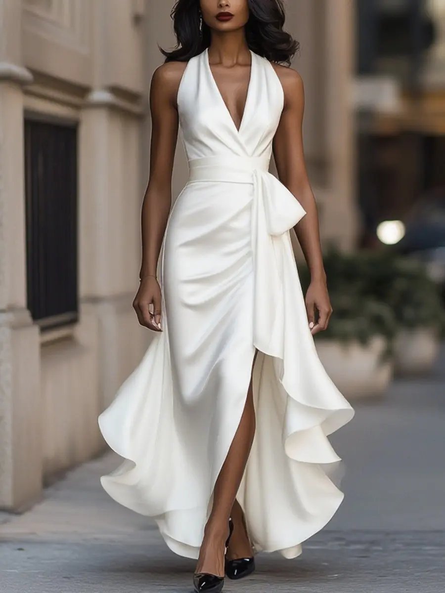 Women's Satin Halter Wrap Cocktail Party Dress High-Low Ruffle Maxi - White