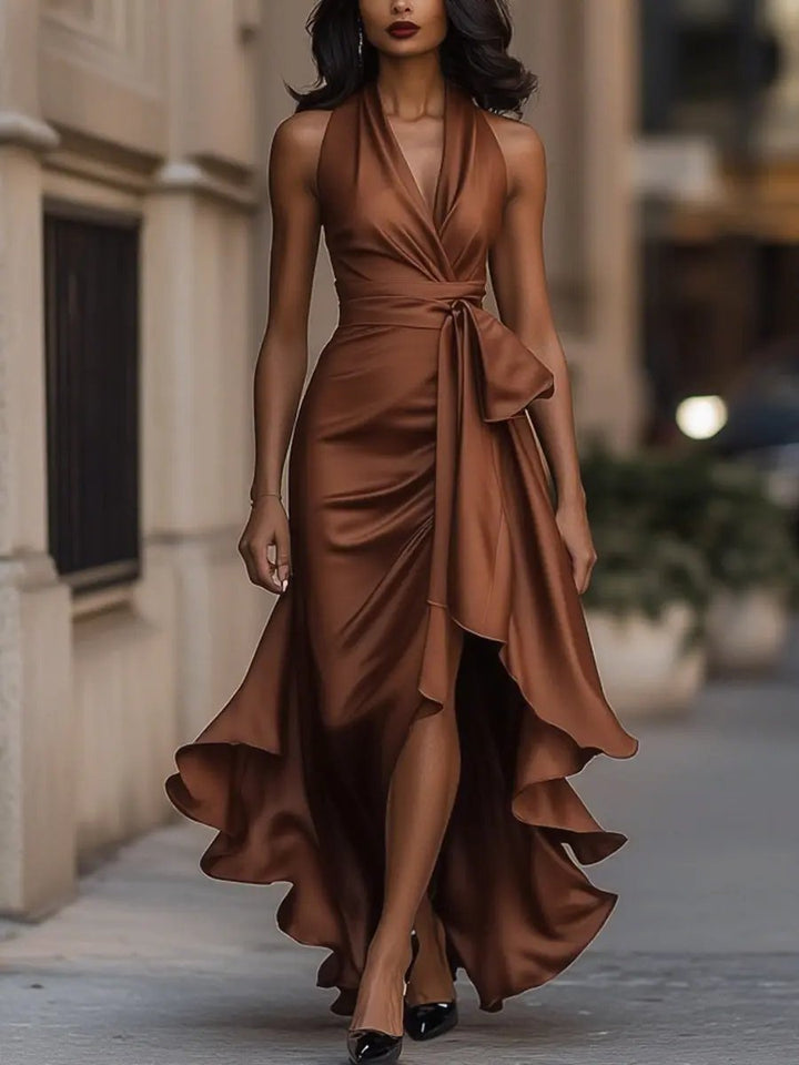 Women's Satin Halter Wrap Cocktail Party Dress High-Low Ruffle Maxi - Brown