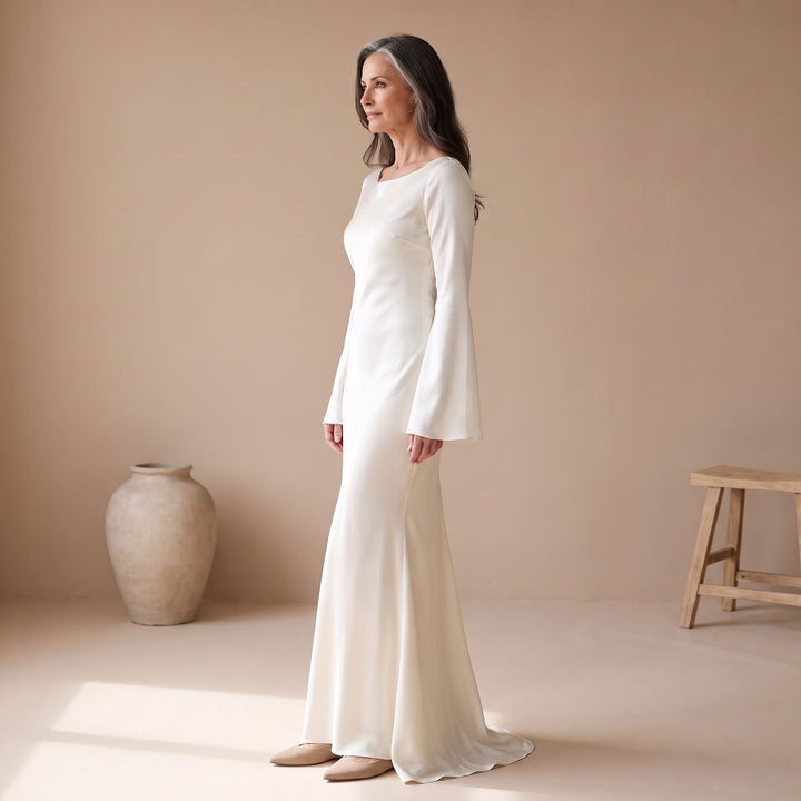 Women's Satin Long Sleeve Maxi Dress Flowy Mermaid Gown