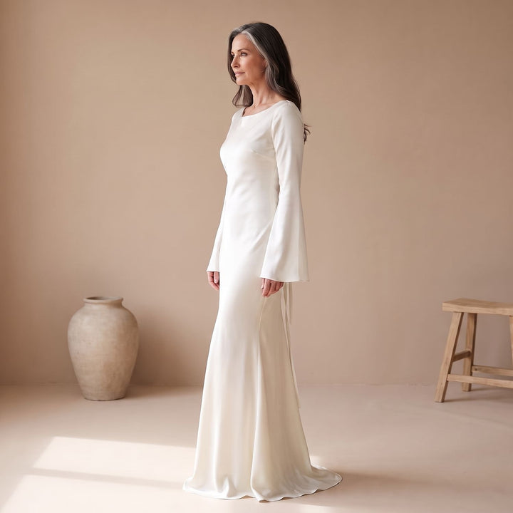 Women's Satin Long Sleeve Maxi Dress Flowy Mermaid Gown