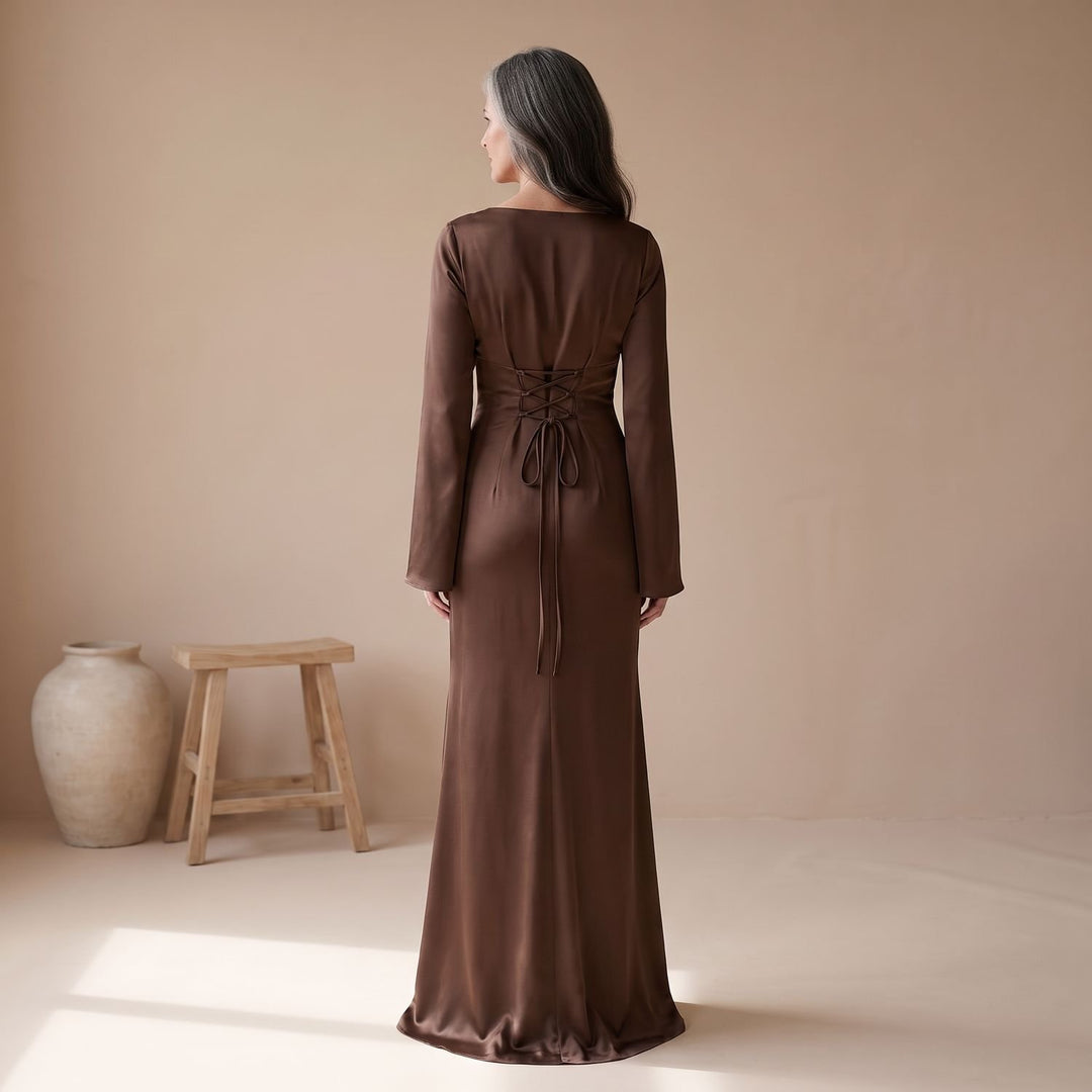 Women's Satin Long Sleeve Maxi Dress Flowy Mermaid Gown