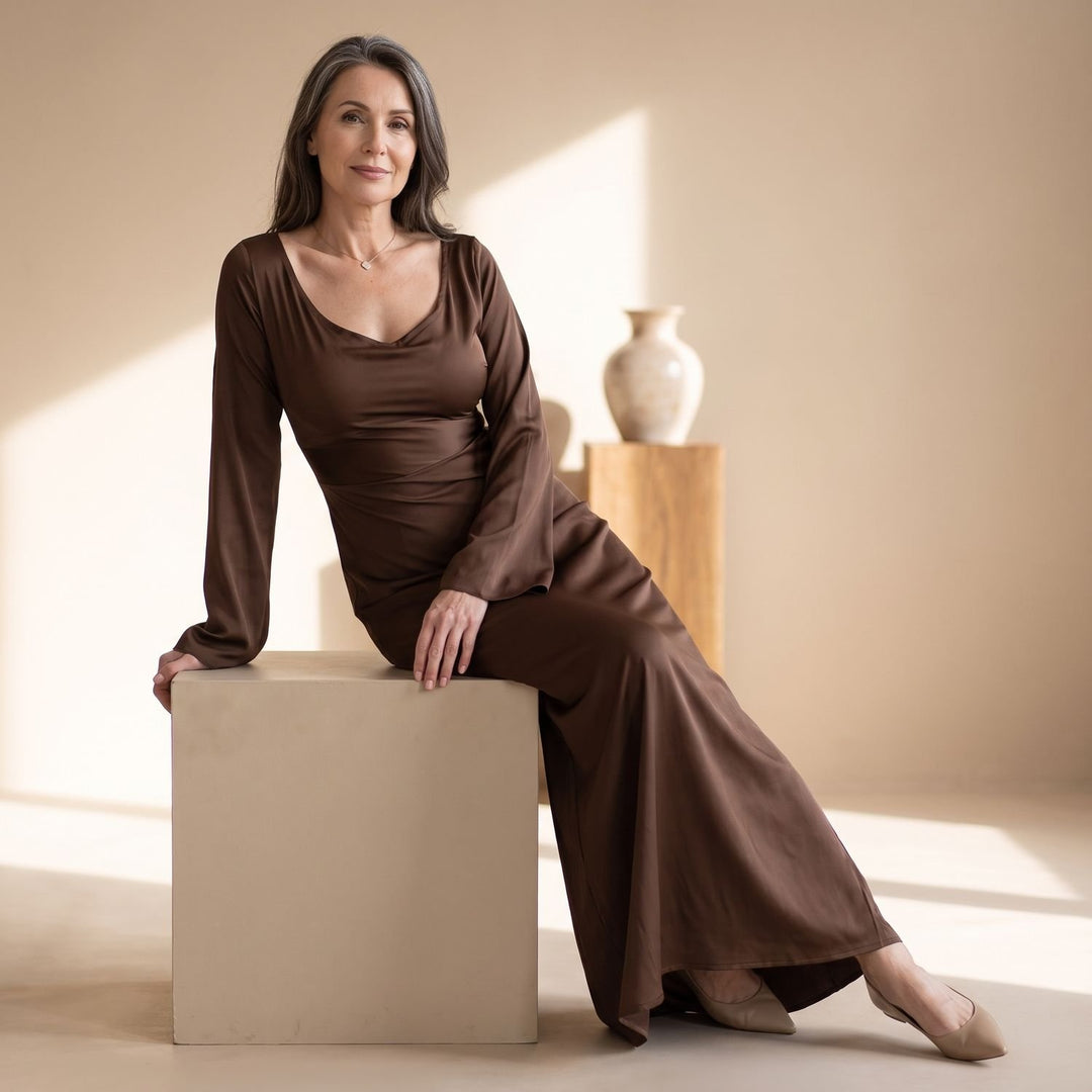 Women's Satin Long Sleeve Maxi Dress Flowy Mermaid Gown - Brown