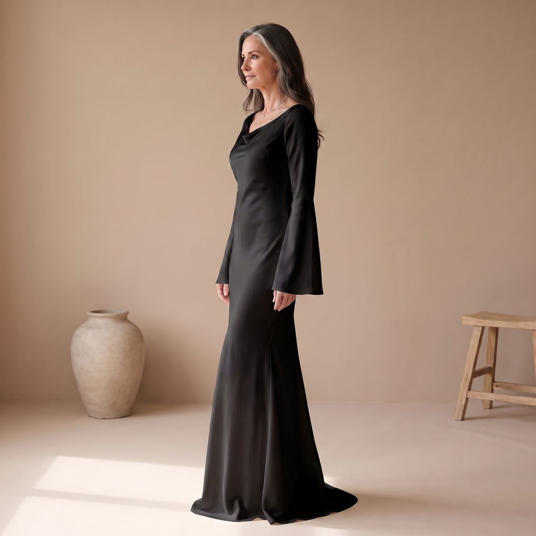 Women's Satin Long Sleeve Maxi Dress Flowy Mermaid Gown - Black