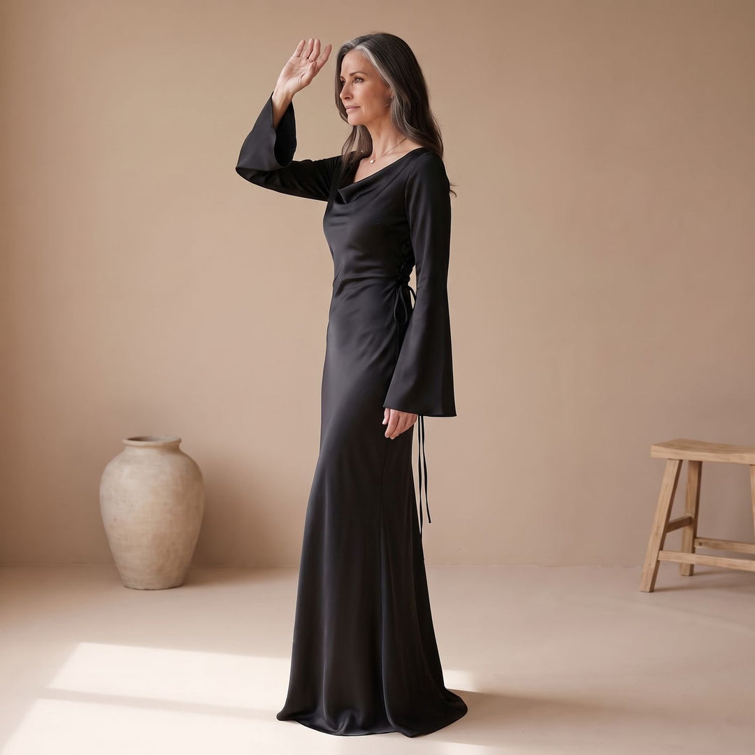 Women's Satin Long Sleeve Maxi Dress Flowy Mermaid Gown