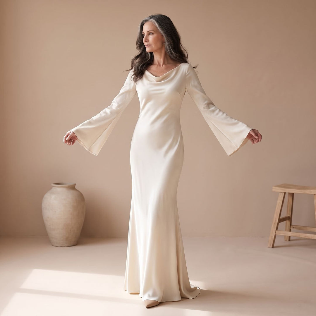 Women's Satin Long Sleeve Maxi Dress Flowy Mermaid Gown