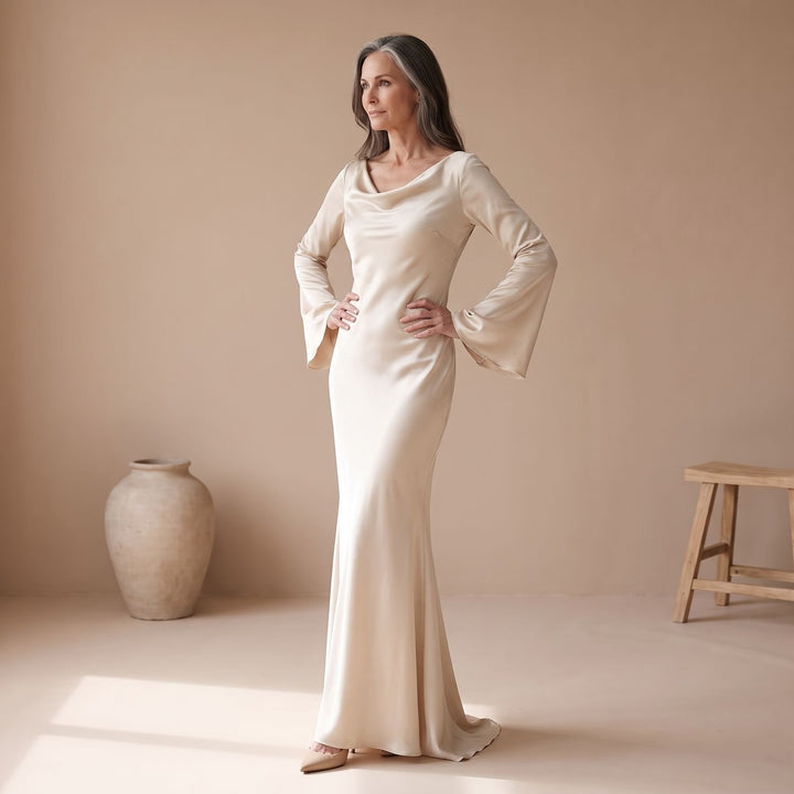 Women's Satin Long Sleeve Maxi Dress Flowy Mermaid Gown