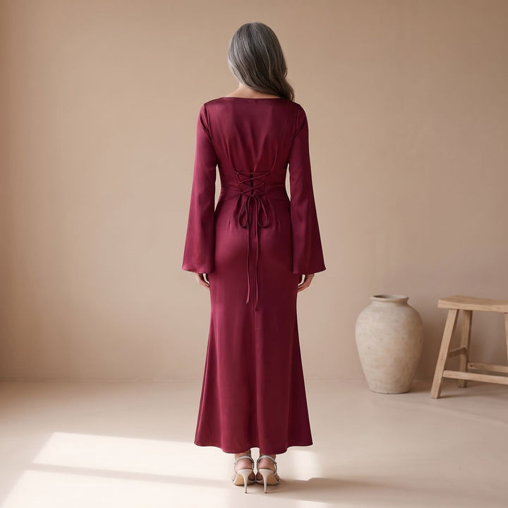 Women's Satin Long Sleeve Maxi Dress Flowy Mermaid Gown