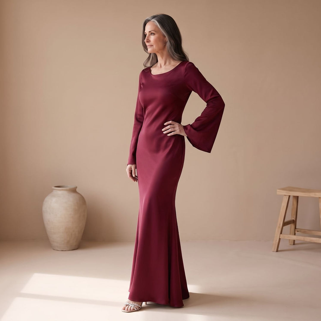 Women's Satin Long Sleeve Maxi Dress Flowy Mermaid Gown - Red