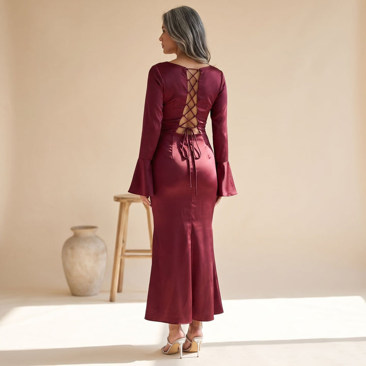 Women's Satin Long Sleeve Maxi Dress Flowy Mermaid Gown
