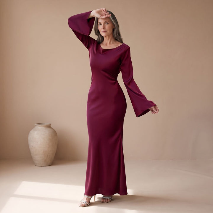 Women's Satin Long Sleeve Maxi Dress Flowy Mermaid Gown