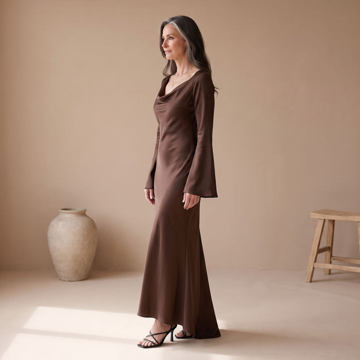 Women's Satin Long Sleeve Maxi Dress Flowy Mermaid Gown