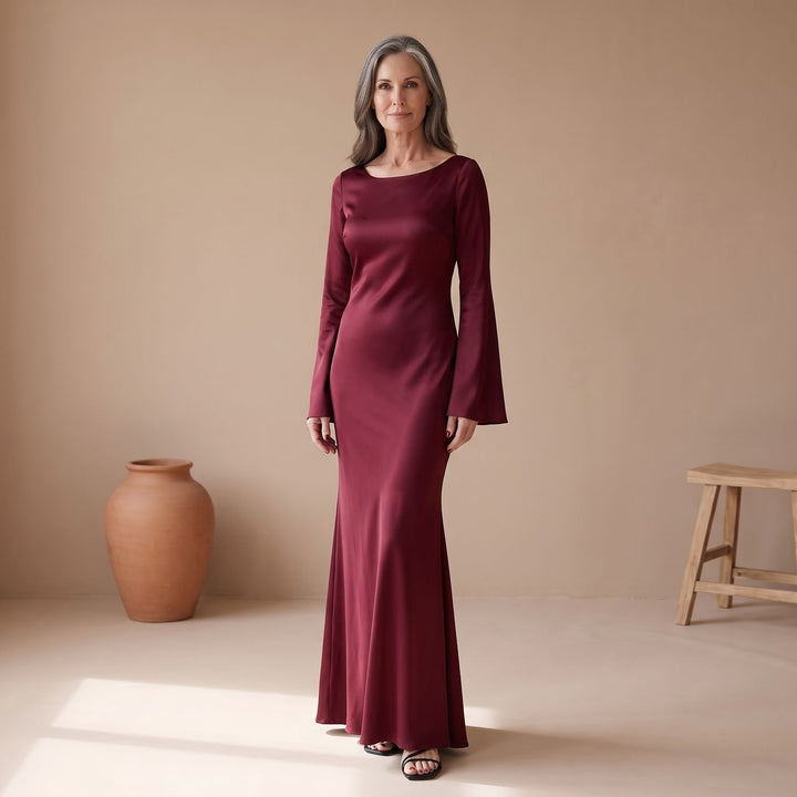 Women's Satin Long Sleeve Maxi Dress Flowy Mermaid Gown