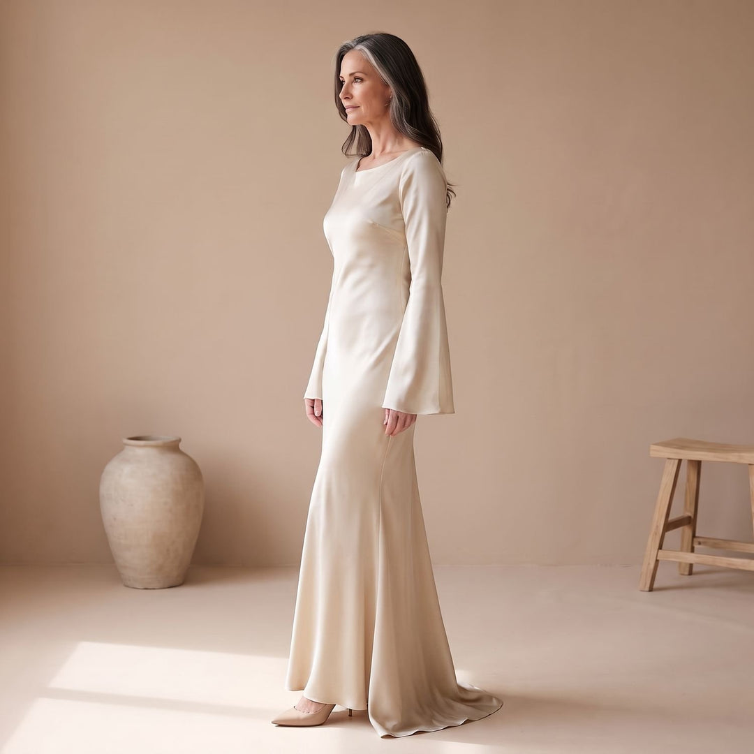 Women's Satin Long Sleeve Maxi Dress Flowy Mermaid Gown