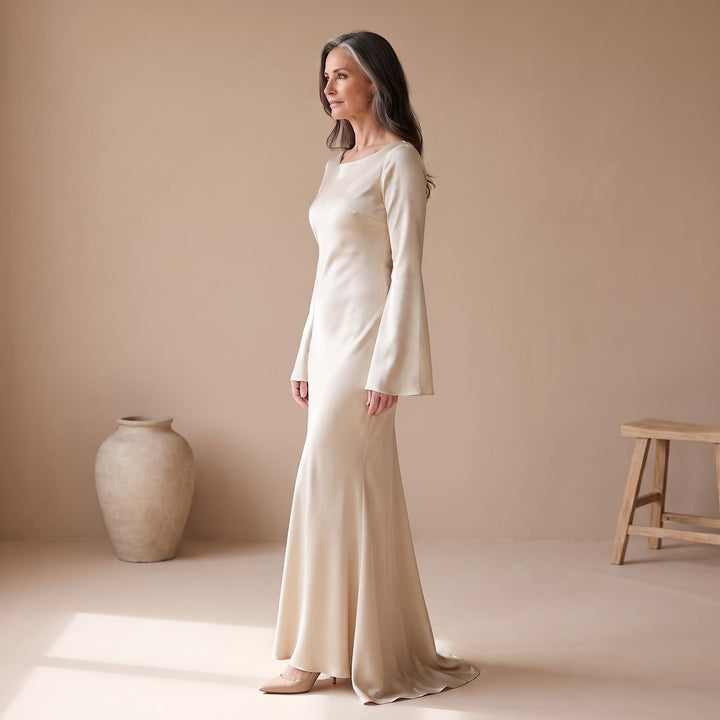 Women's Satin Long Sleeve Maxi Dress Flowy Mermaid Gown
