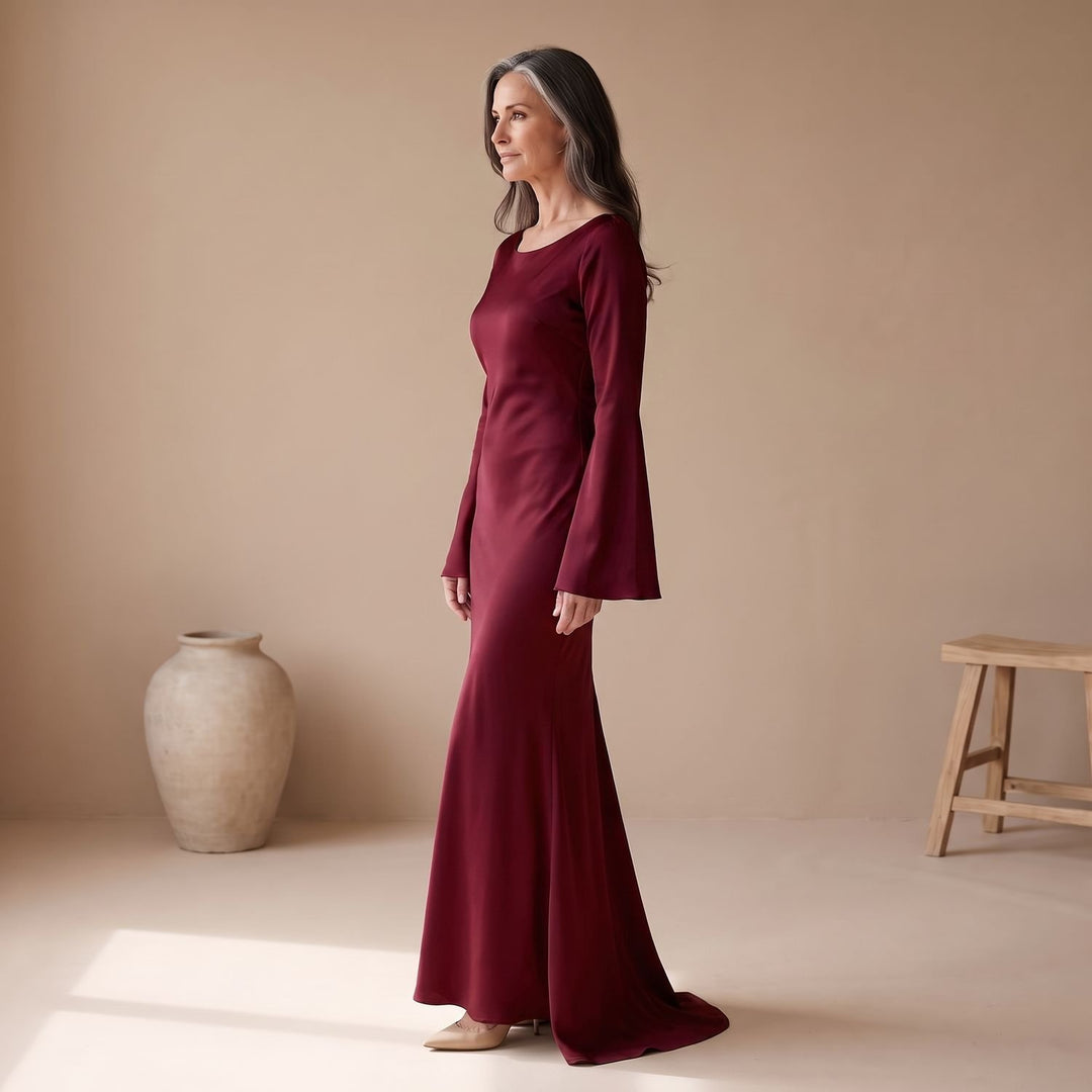 Women's Satin Long Sleeve Maxi Dress Flowy Mermaid Gown
